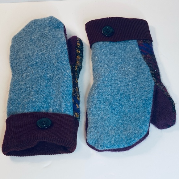 Upcycled Wool Sweater Mittens Blue/Maroon Button Detail Soft Fleece Lining Warm - Picture 5 of 8